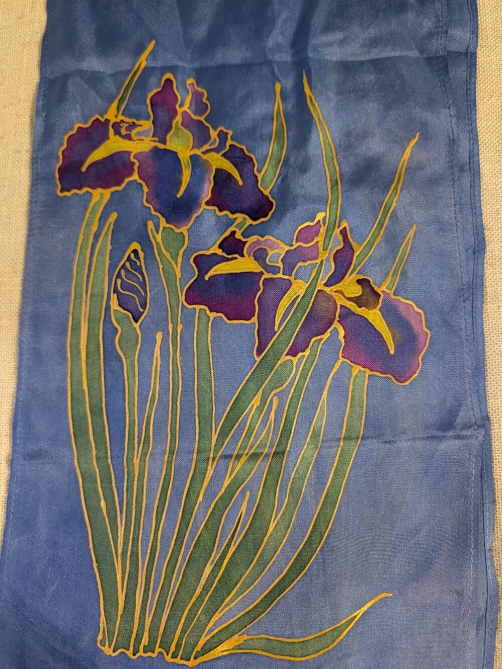 Hand Painted Iris & Butterfly with Gold-outline Silk Scarf 11" x 56" - Picture 5 of 6